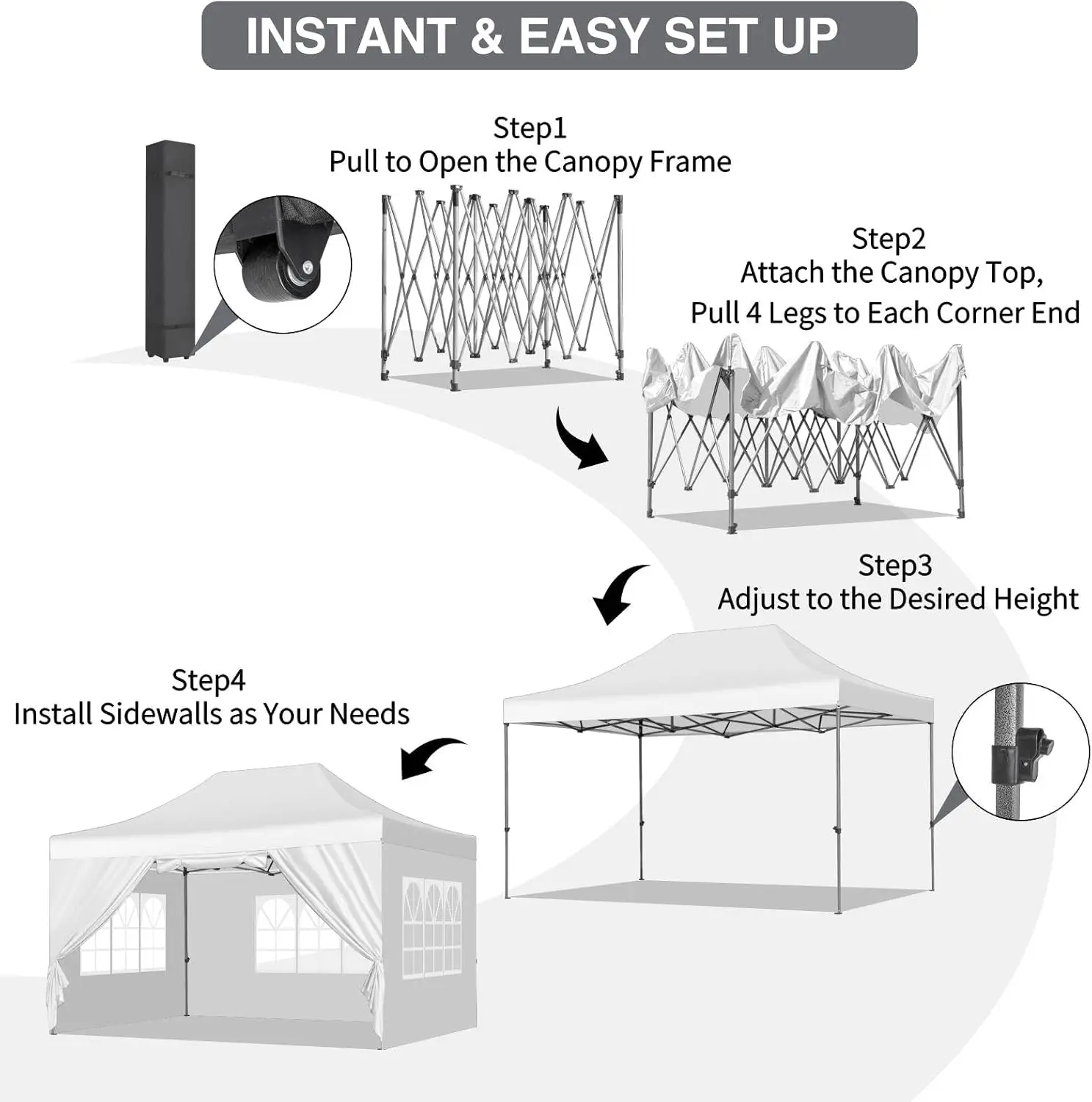 10x15 Heavy Duty Up Canopy Tent with 4 Removable Sidewalls（White）, Easy Setup Commercial Outdoor Canopyraded