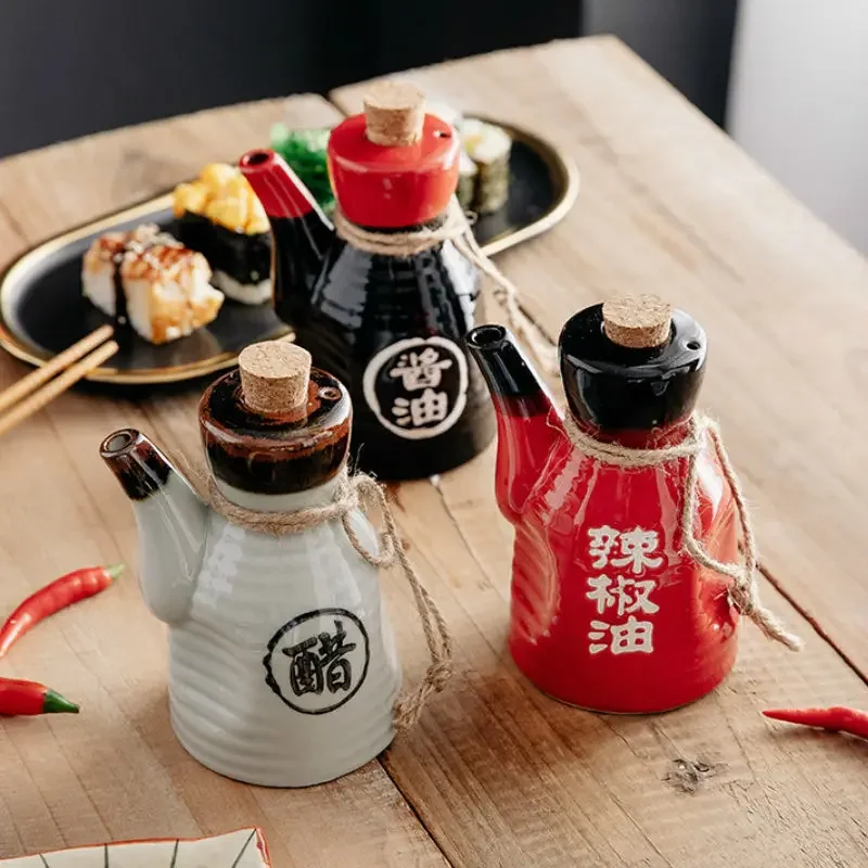 Japanese-style Ceramic Oil Dispenser Bottle Set Retro Painted Porcelain Soy Sauce Chili Cruet Seasoning Container Kitchen Tools