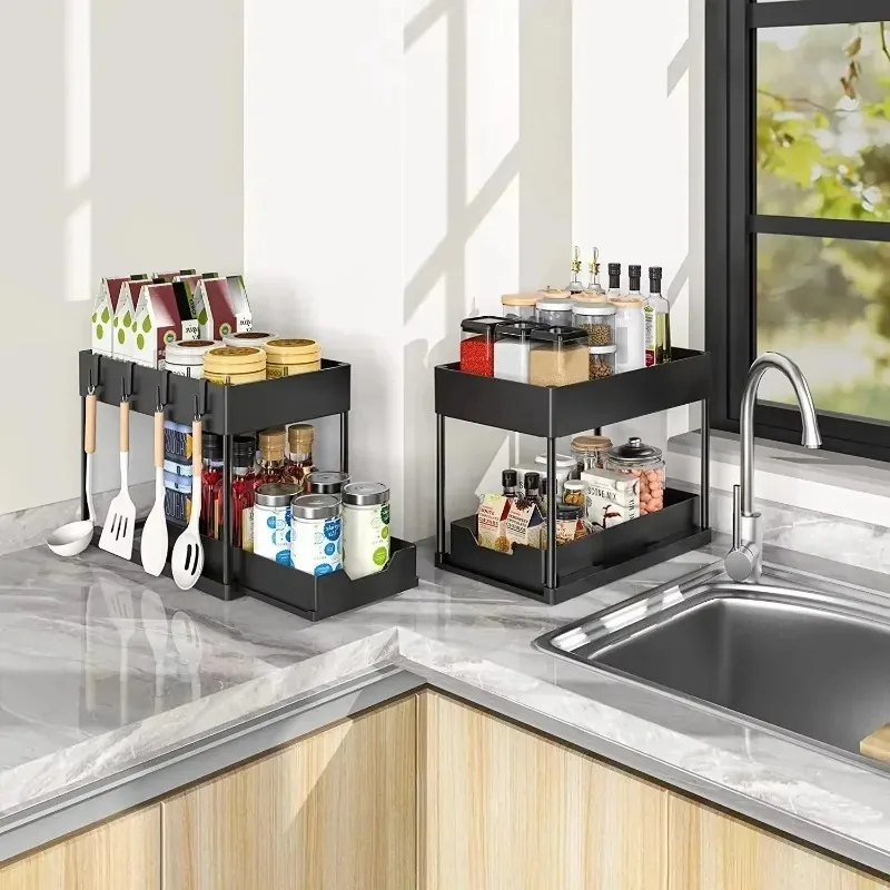 2‑Tier Sliding Under Sink Organizer Multi‑Function Cabinet Basket with Hooks Hanging Cup Space‑Saving Rack for Kitchen Bathroom view 5