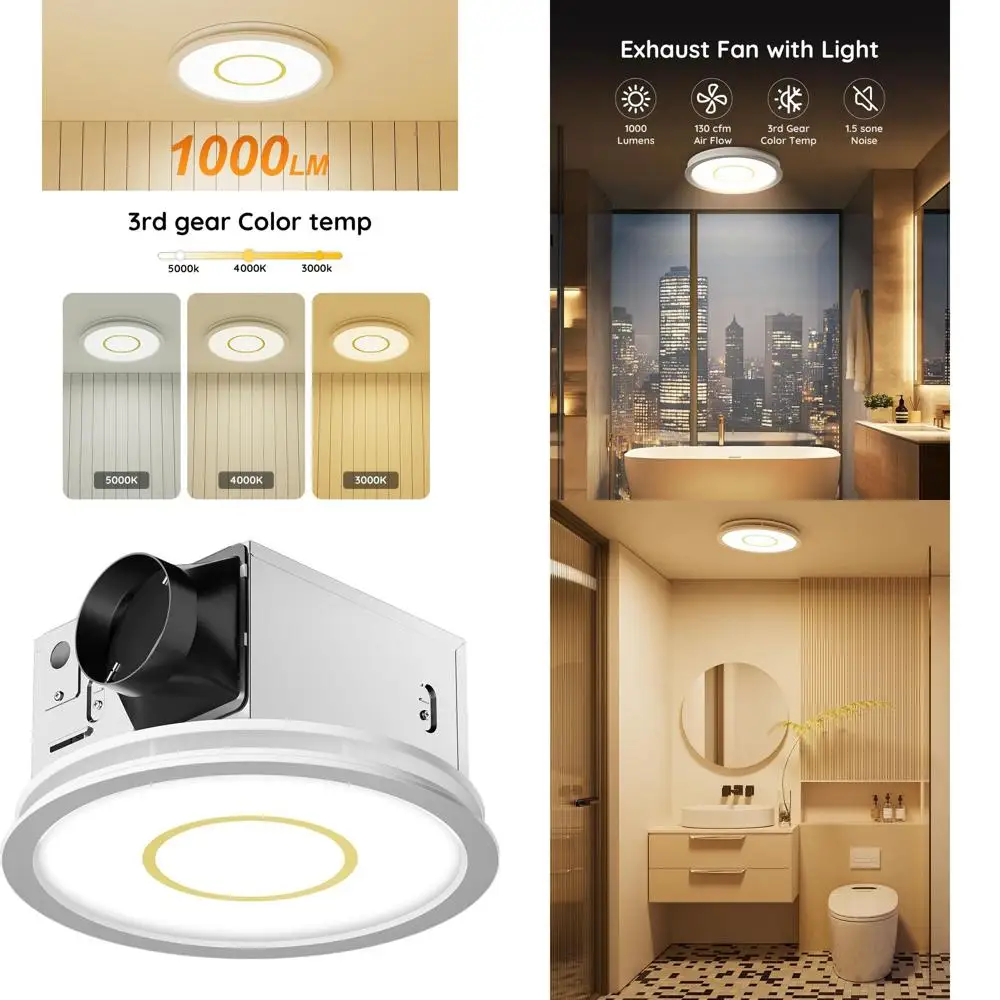 

Ceiling Mounted 130 CFM Bathroom Exhaust Fan with 1.5 Sones, 47W, 1100LM LED Light, 3000K/4000K/5000K, Gold