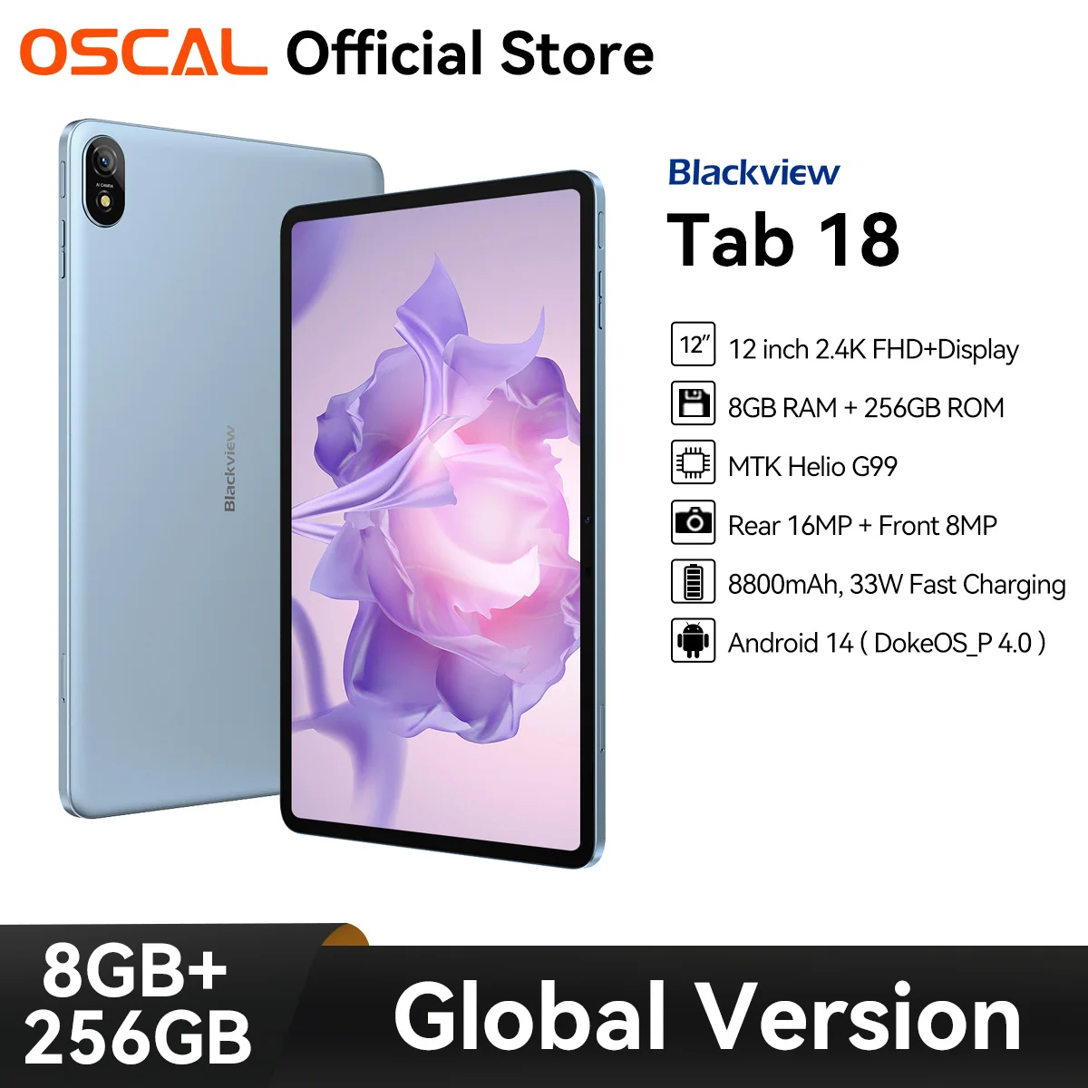 OSCAL Blackview Tab 18 Tablet PC, 12 inch 2.4K FHD+Display G99 12GB+12GB RAM 256GB ROM Netflix Widevine L1 8800mAh Battery 33W