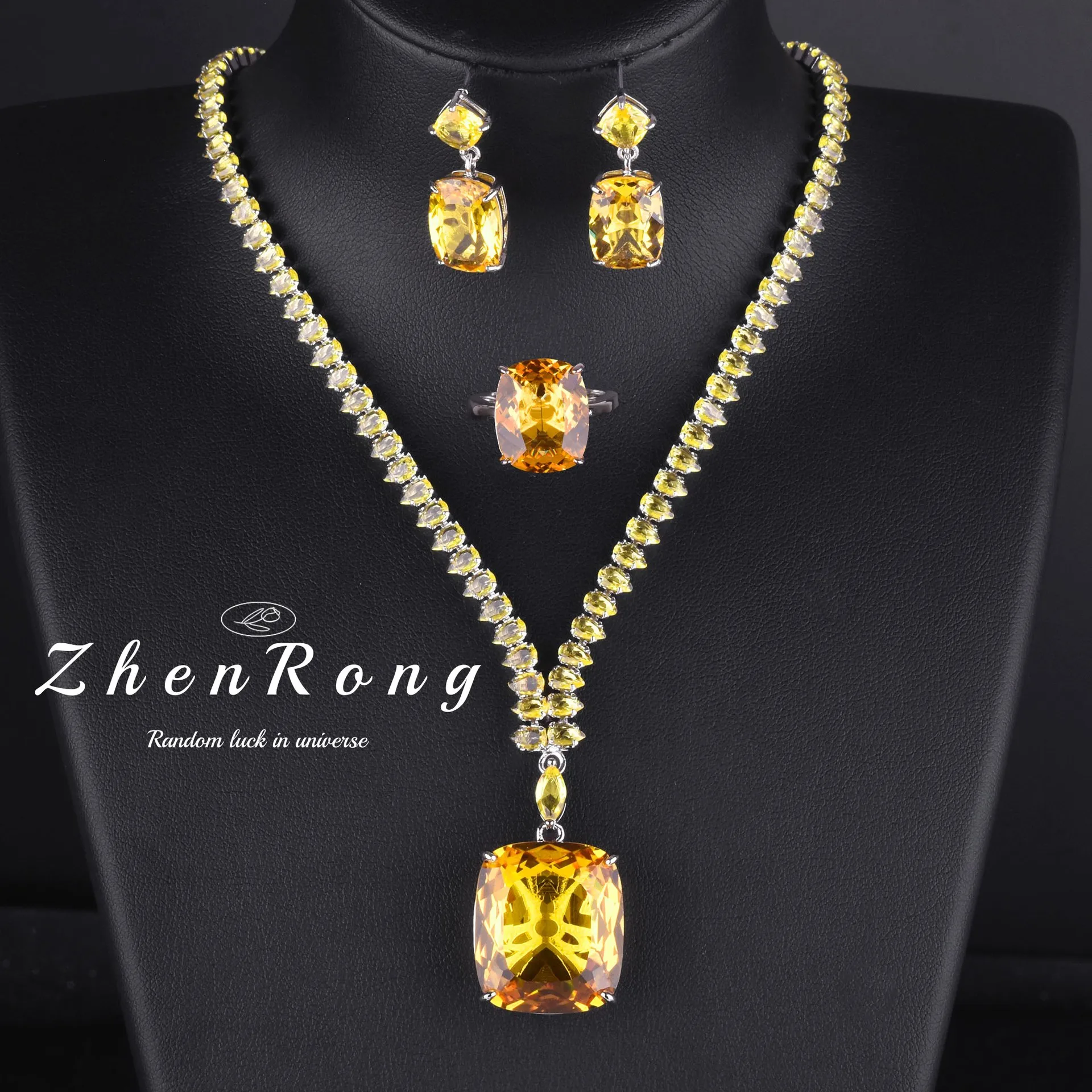Foydjew Luxury 20 Carat Yellow/Red/Blue/Green Color Large Gemstone Jewelry Sets Pendant Necklaces Earrings Rings For Women