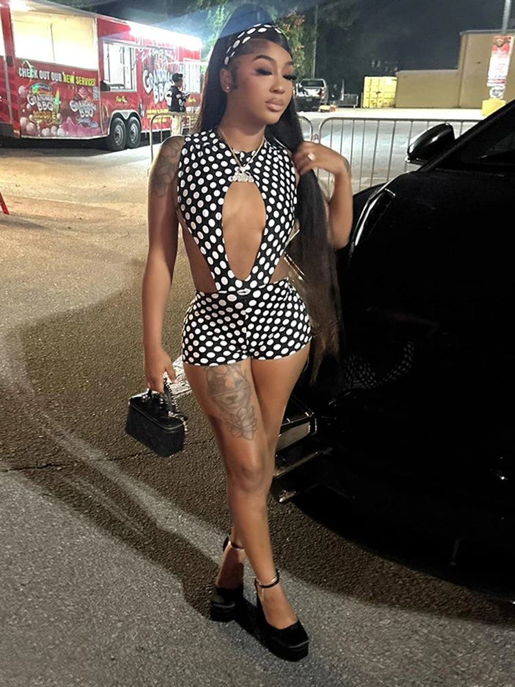 Nibber Hottie Street 2 Piece Set Woman Polka Dot Print o-Neck Hollow Design Bodysuits+Skinny Peach Hip Shorts Sexy Fashion Suits