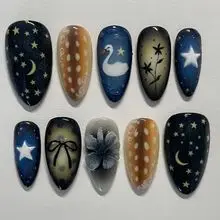 24 Stück schwarze künstliche Nägel mit Farbverlauf, niedliches Cartoon-Katzenauge, Waldelfenmädchen, zum Aufdrücken der Nägel, glänzende Mandel, süße coole gefälschte Nagelspitzen