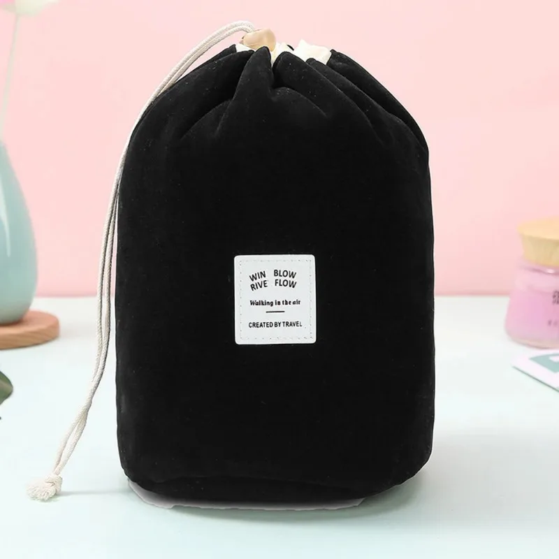 New Fashion Velvet Cylinder Drawstring Convenient Solid Color Makeup Bag Female Waterproof Cylindrical Makeup Bag Toiletry Pouch