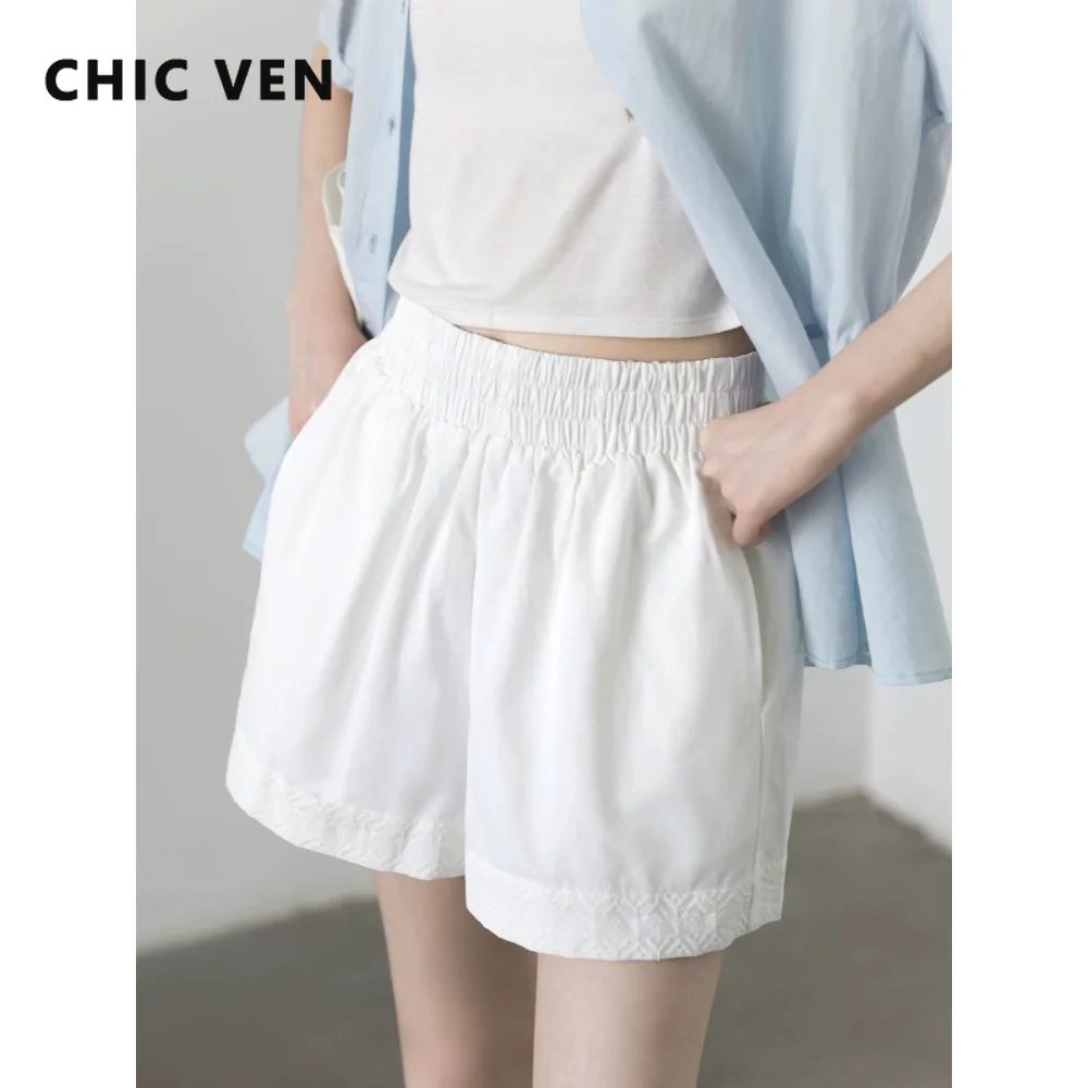 CHIC VEN New Women Short Loose Casual High Waist A-line Short Pants Embroidered Edge Elastic Waist Lady Shorts Summer 2026