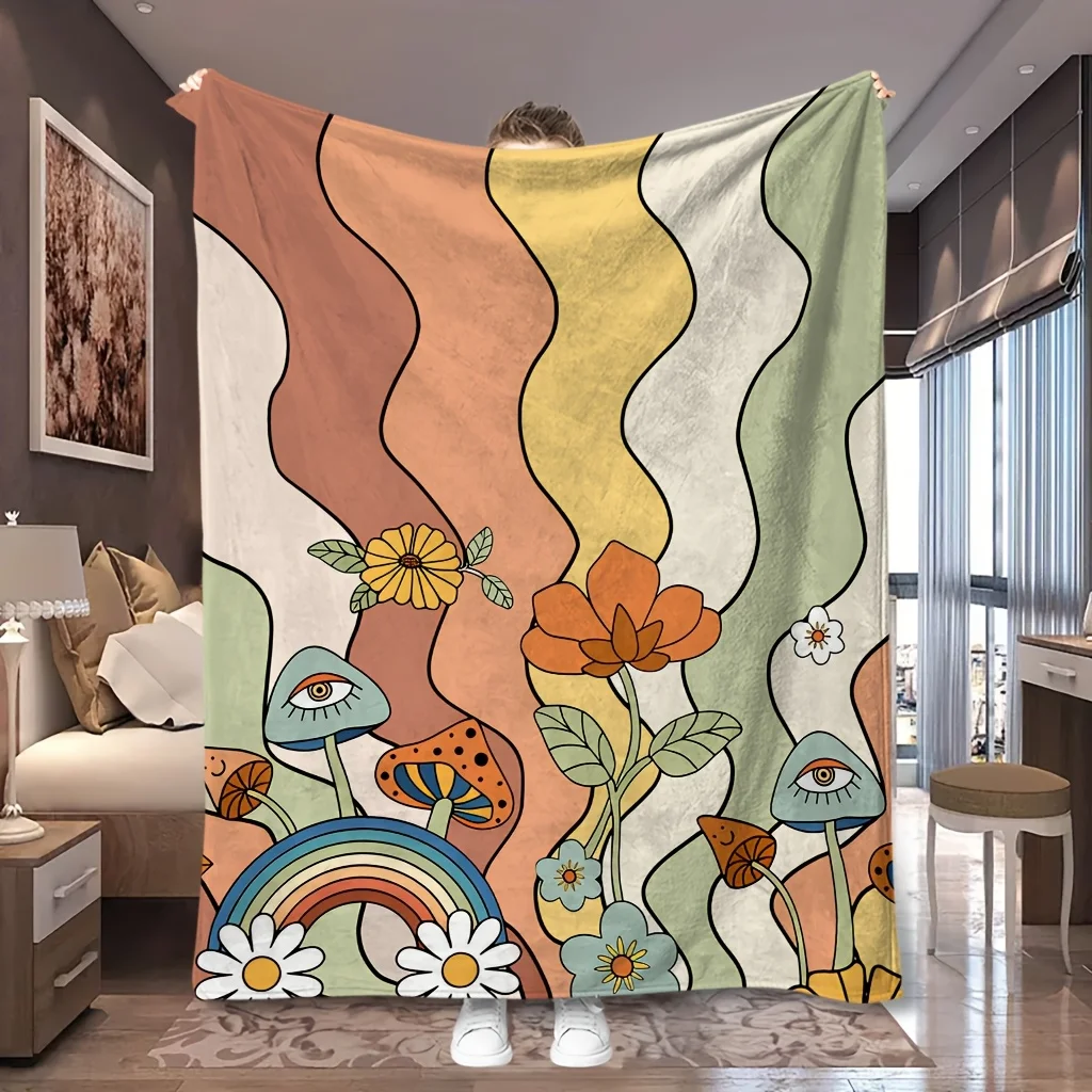 1pc Rainbow Wave Abstract Mushroom Floral Cartoon Print Flannel Blanket, Portable and Comfortable, Suitable for Blankets, Kids'