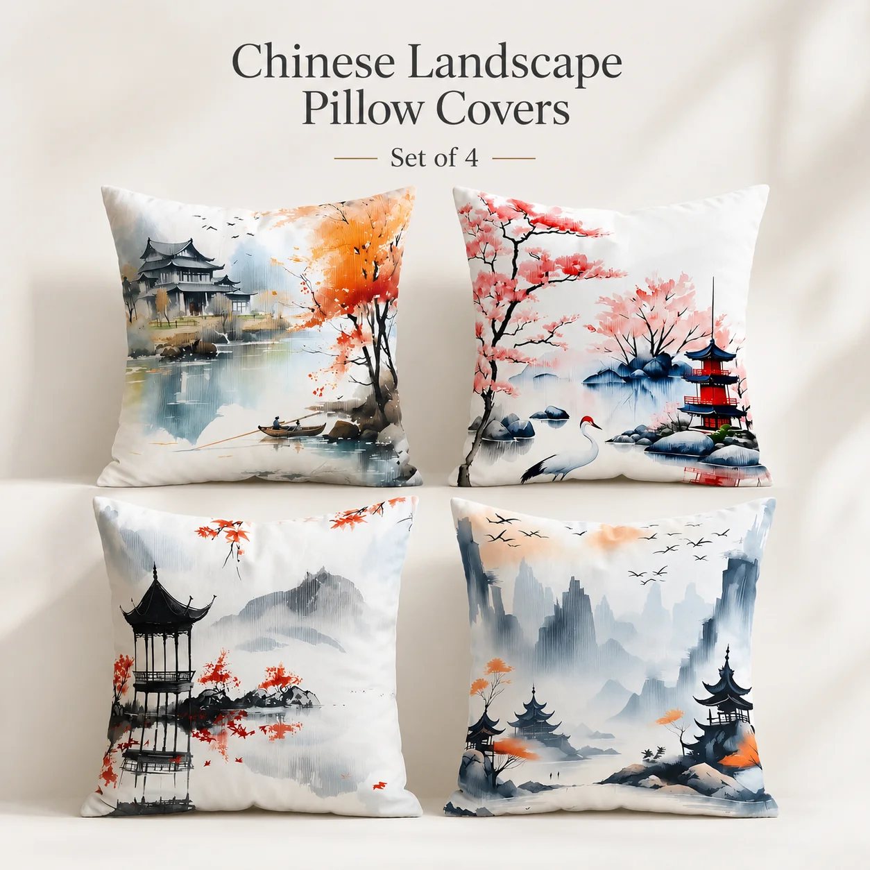 

Oriental Watercolor Art Pillowcases Set Of 4 Chinese Landscape 2D Flat Printed Peach Skin Cushion Covers For Bedroom Couch