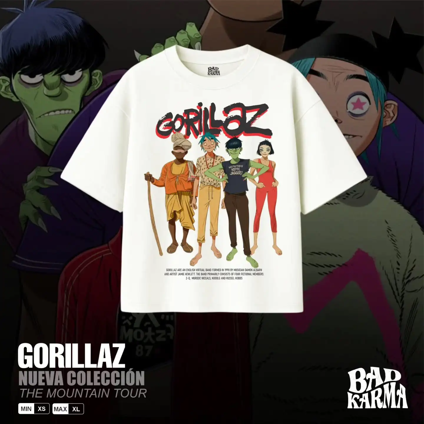 Gorillaz Band T-Shirt 2026 New Unisex Cotton Tee Gorillaz The Mountain Tour Latam Double Sided Print Rock Fan Short Sleeve Tops