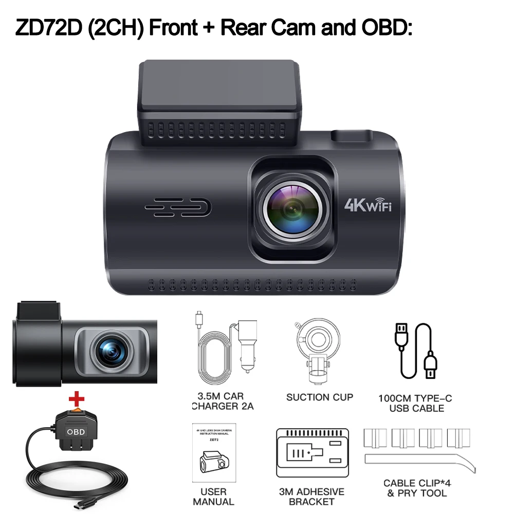 BEPOCAM Dashcam 4K+1080P Dubbele Dashcam voor Auto Ingebouwde WiFi GPS 3.19" Scherm Auto DVR 24H Parking Modus Nachtzicht Zwarte Doos