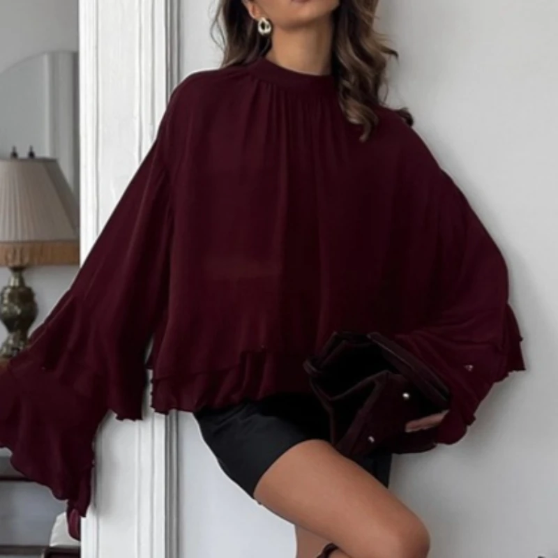 Süßes braunes Chiffon-Stehkragen-Plissee-Hemd mit ausgestellten Ärmeln für Damen für Frühling und Sommer. Neu im modischen Temperament-Top