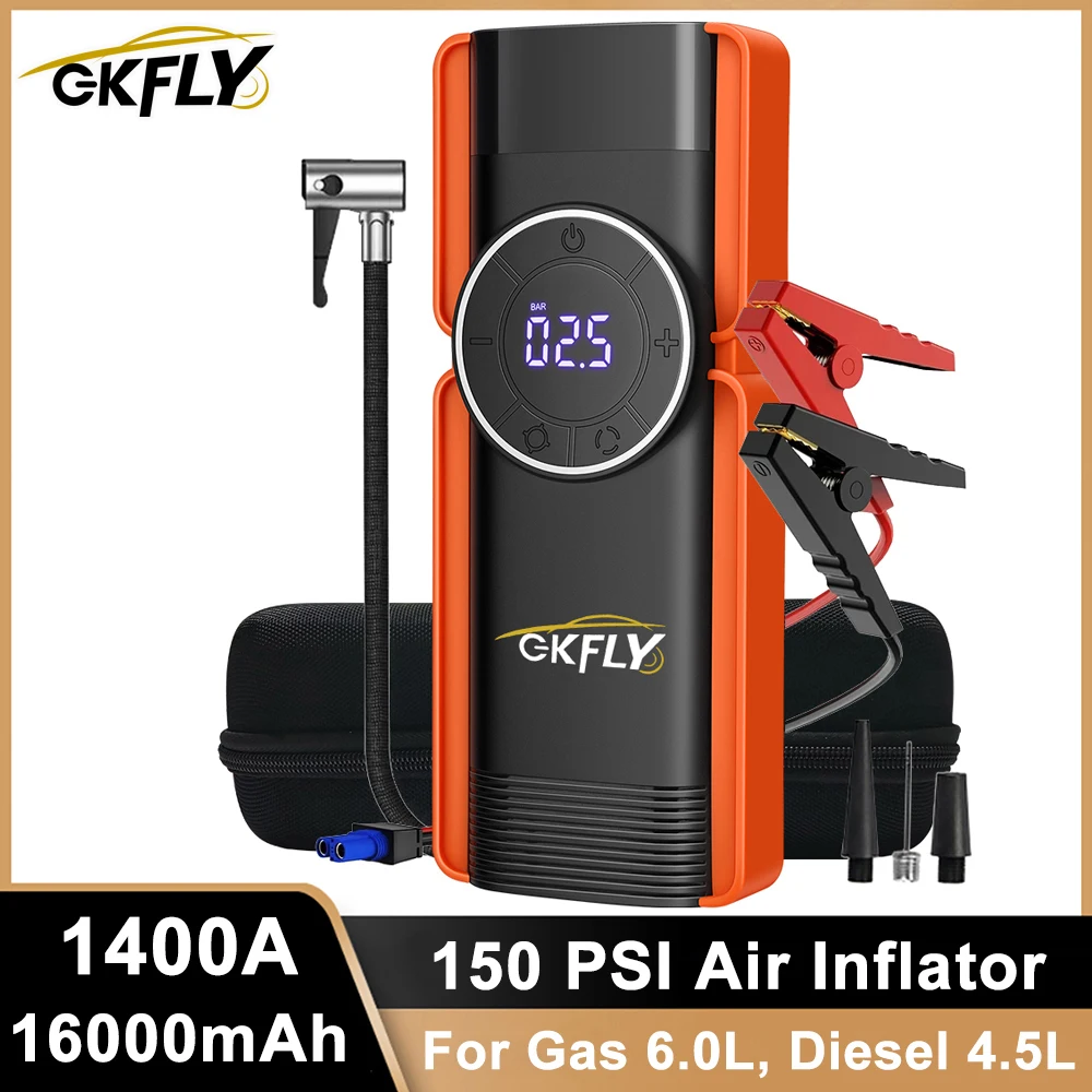 GKFLY 4 In 1 Car Jump Starter Air Compressor 1400A Portable Power Bank 16000mAh Car Battery Charger Booster Starting Device