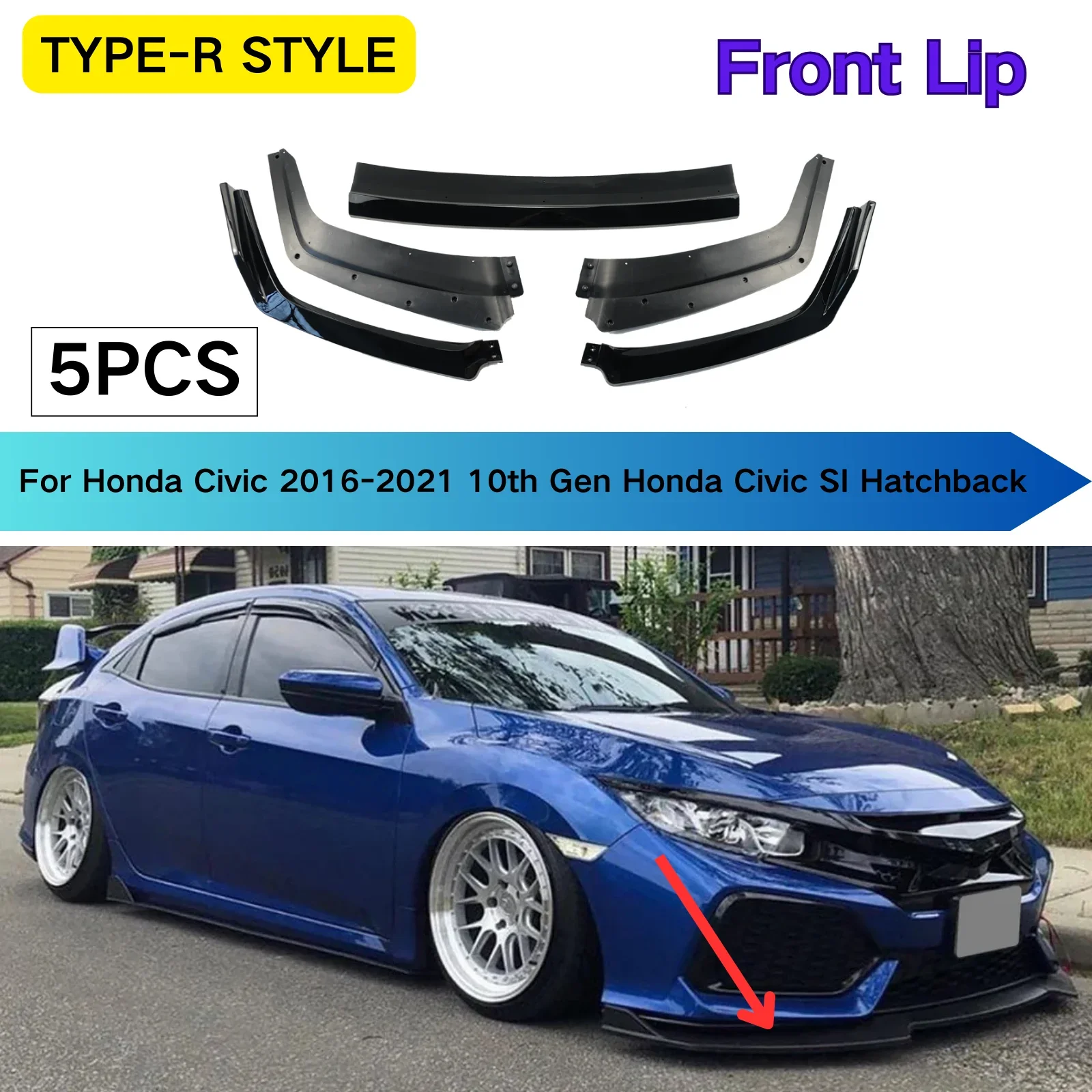 

Front Bumper Spoiler Lip For Honda Civic 2016-2021 10th Generation Hatchback SI 2 Door Or 4 Door TYPE-R STYLE Car Accessories