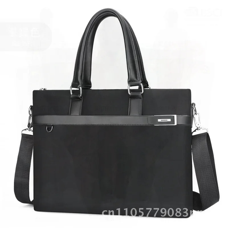 Men's Business Briefcase Handbag Horizontal Shoulder Crossbody Nylon Bag Embossed Solid Color Trendy Polyester Lining