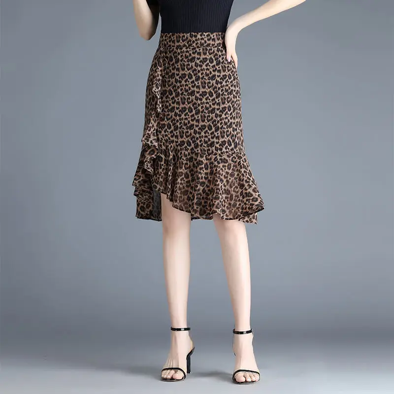 Leopardo feminino Estampado Irregular Ruffles Saias Chiffon, saia sereia elástica de cintura alta, roupa solta, nova moda, outono, 2024