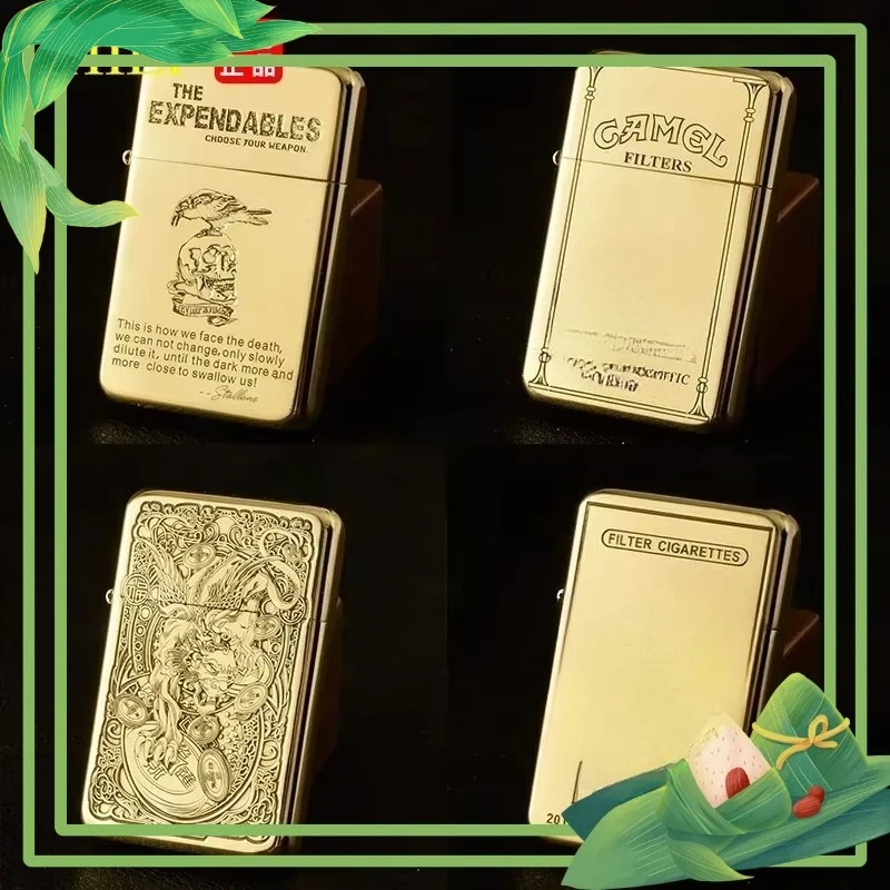 

2025 Exquisite Brass Kerosene Lighter Slim Windproof Vintage Grinding Wheel Ignition Lighter Cigarette Accessories Men's Gift