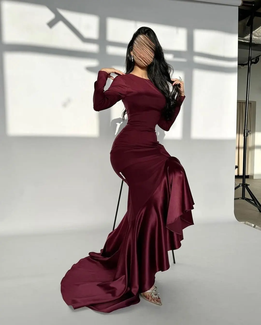 Burgundy Mermaid Evening Dresses Long Sleeve Formal Dress Floor Length Satin Prom Gowns 2024 فساتين للمناسبات الرسمية