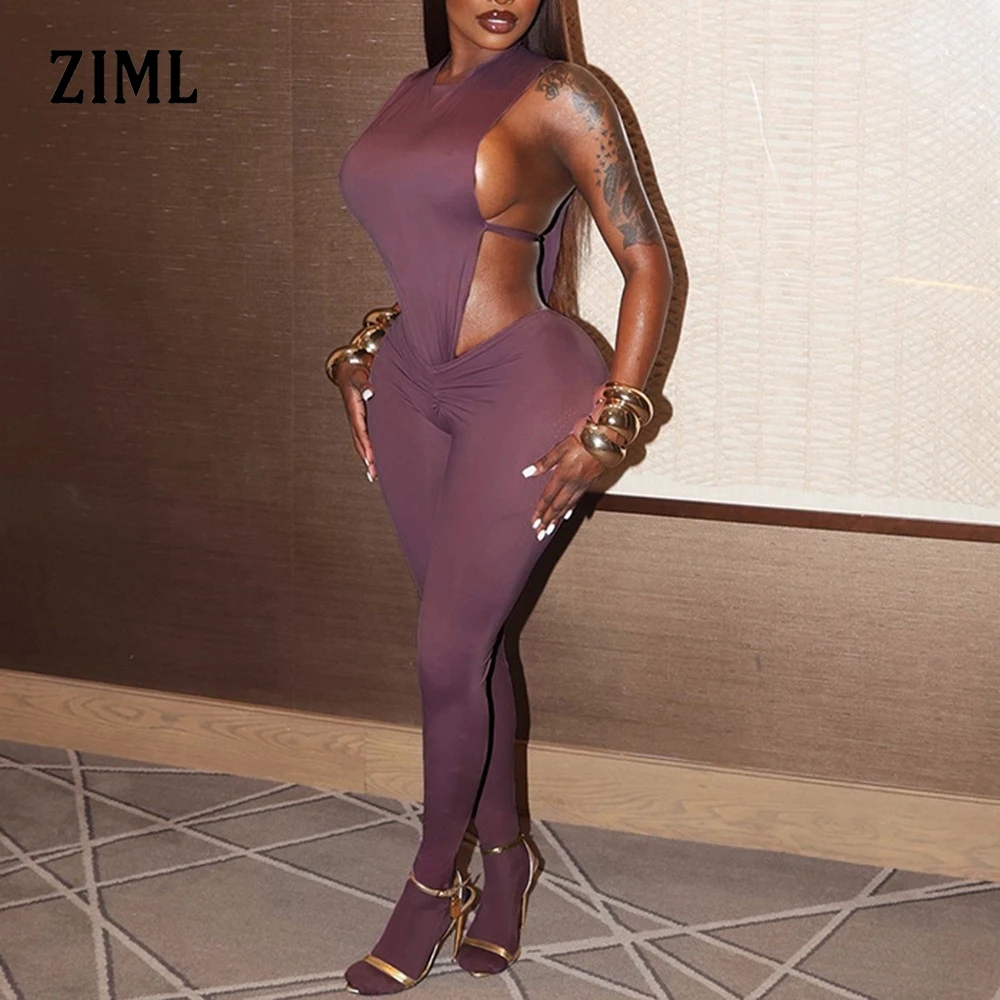 

ZIML сексуальные однотонные комбинезоны для похудения для женщин с круглым вырезом, брюки без рукавов с высокой талией, летний дизайнерский комбинезон, женская мода