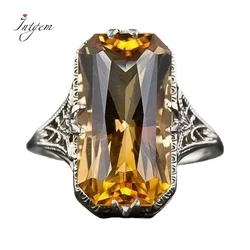 Citrine Hollowed-out Carved 925 Silver Rings Fashion Exaggerated Silver Hand Jewelry For Women Party Wedding Gemstone Ring Gift