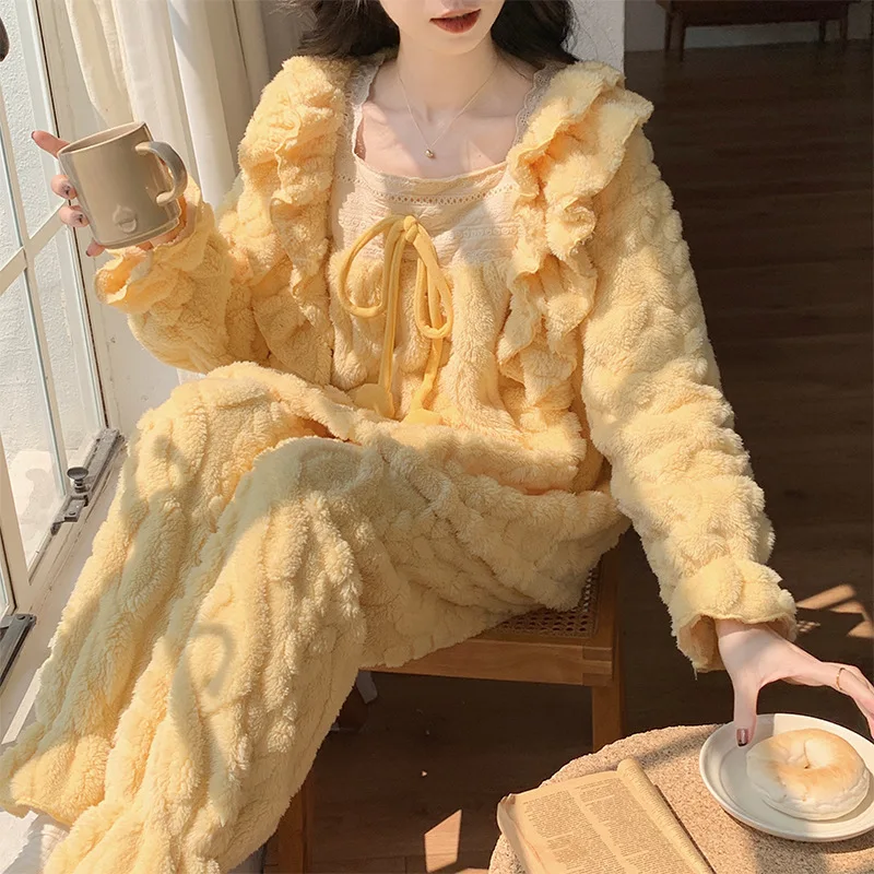 

Женский пижамный комплект из кораллового флиса, фланелевая зимняя теплая одежда для сна с длинными рукавами, уютная удобная домашняя одежда, домашняя одежда, осенняя одежда для сна