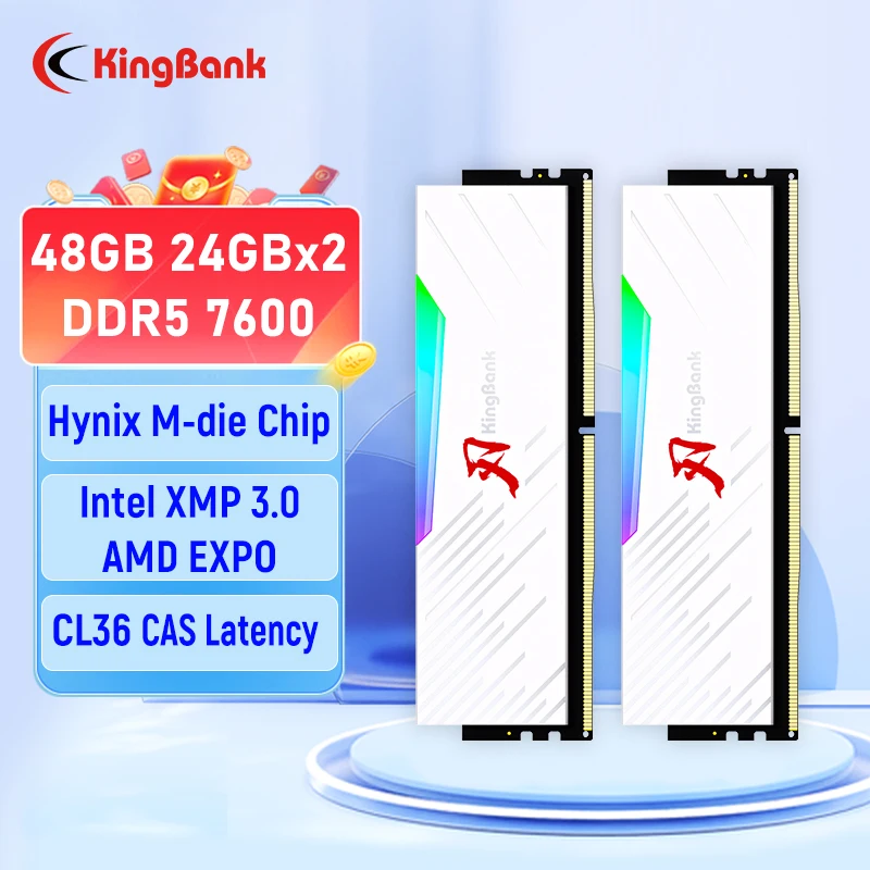 KingBank DDR5 Weißer RGB-Speicher RAM 24 GB x 2 48 GB 7600 MHz UDIMM-Speicher Desktop-Speicher Hynix