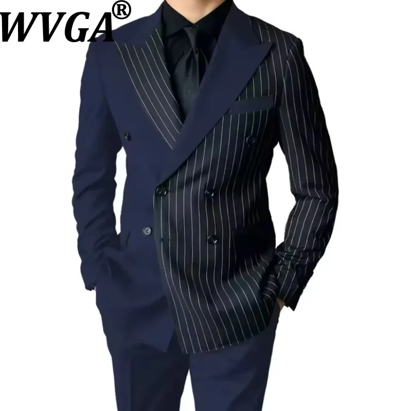 WVGA New Men's Spring Autumn Color-Block Striped Trendy Blazers Niche Chic Casual Straight Suit Pants Two Pieces Sets Ins W22238