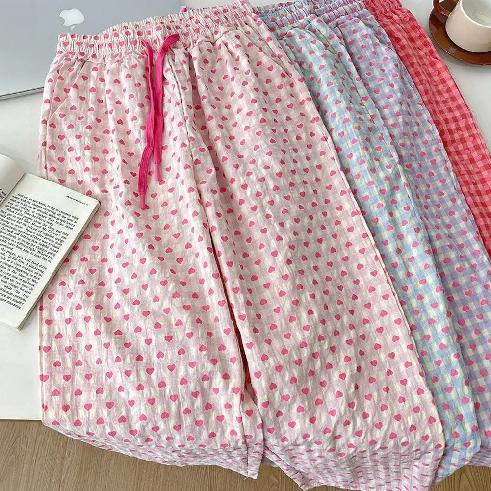Cotton Pajama Pants Woman Love Print Trousers Double Layer Gauze Home Trousers Casual Simple Ladies Sleeping Pants Loose Lace-Up