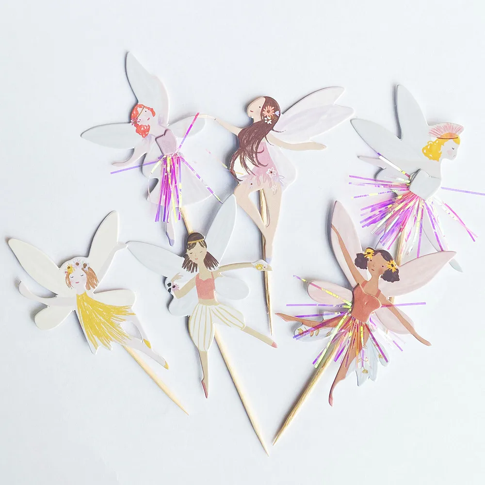 12/24pcs Fairy Cake Topper Girl Birthday Party Cupcake Topper Fairy Theme Party Decoration Wing Angel Fairy Cake Topper