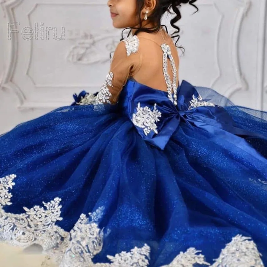 Shiny Tulle Lace Applique Flower Girl Dress Exquisite Party Kids Birthday Bow Princess FLoor Length Dresses