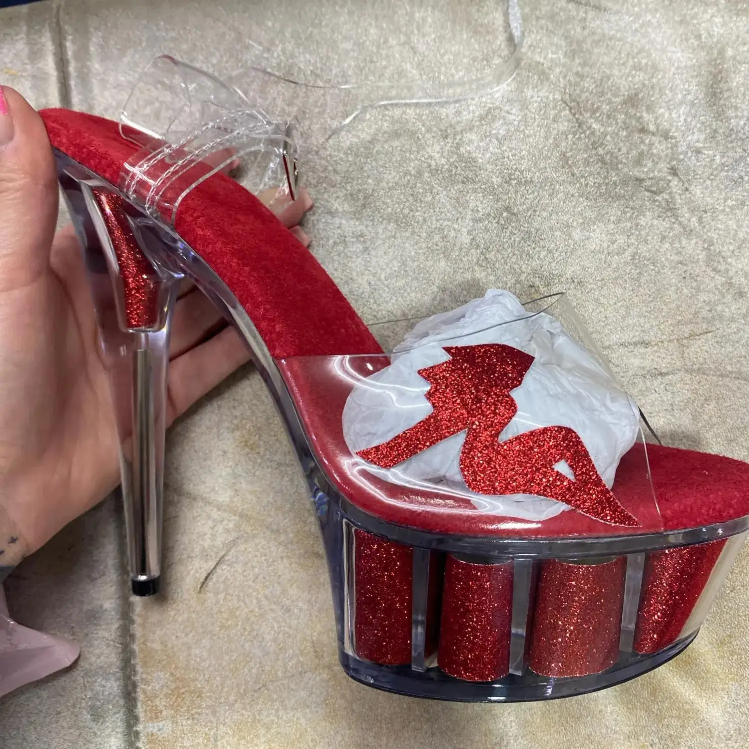 6 inch high heel sandals, 15 cm transparent soles, vamp beauty decorated model pole dancing shoes