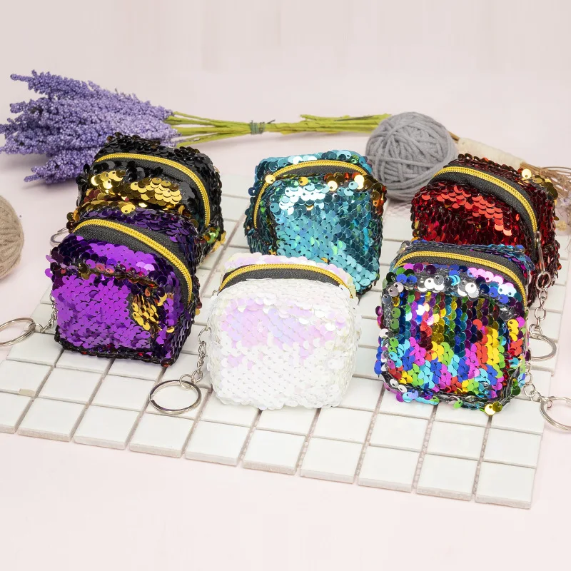 Cube Children's Coin Bag Change Color Sequins Mini Wallet Women Fashion Bling Mini Purse Sequin Bag Key Chain Pouch Small Gift