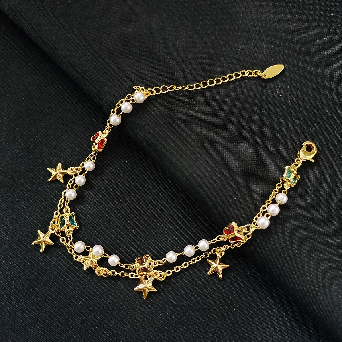 New foot fashion double-layer pentagram pearl rhinestone trend double-layer bracelet women's bracelet beach barefoot