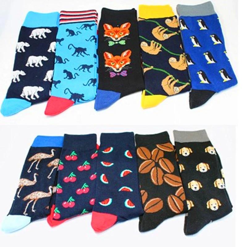 High Quality Haraujuku Cotton Cartoon Socks Men Hip Hop Animal Coffee Bean Fox Monkey Crew Socks Big Size