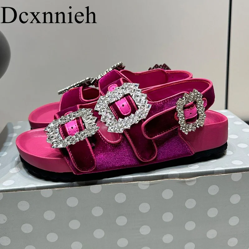 Summer New Flat Bottom Elevated Crystal Buckle Decorative Sandals for Women\'s Casual Open Toe Fashion Velvet Slippers 2024