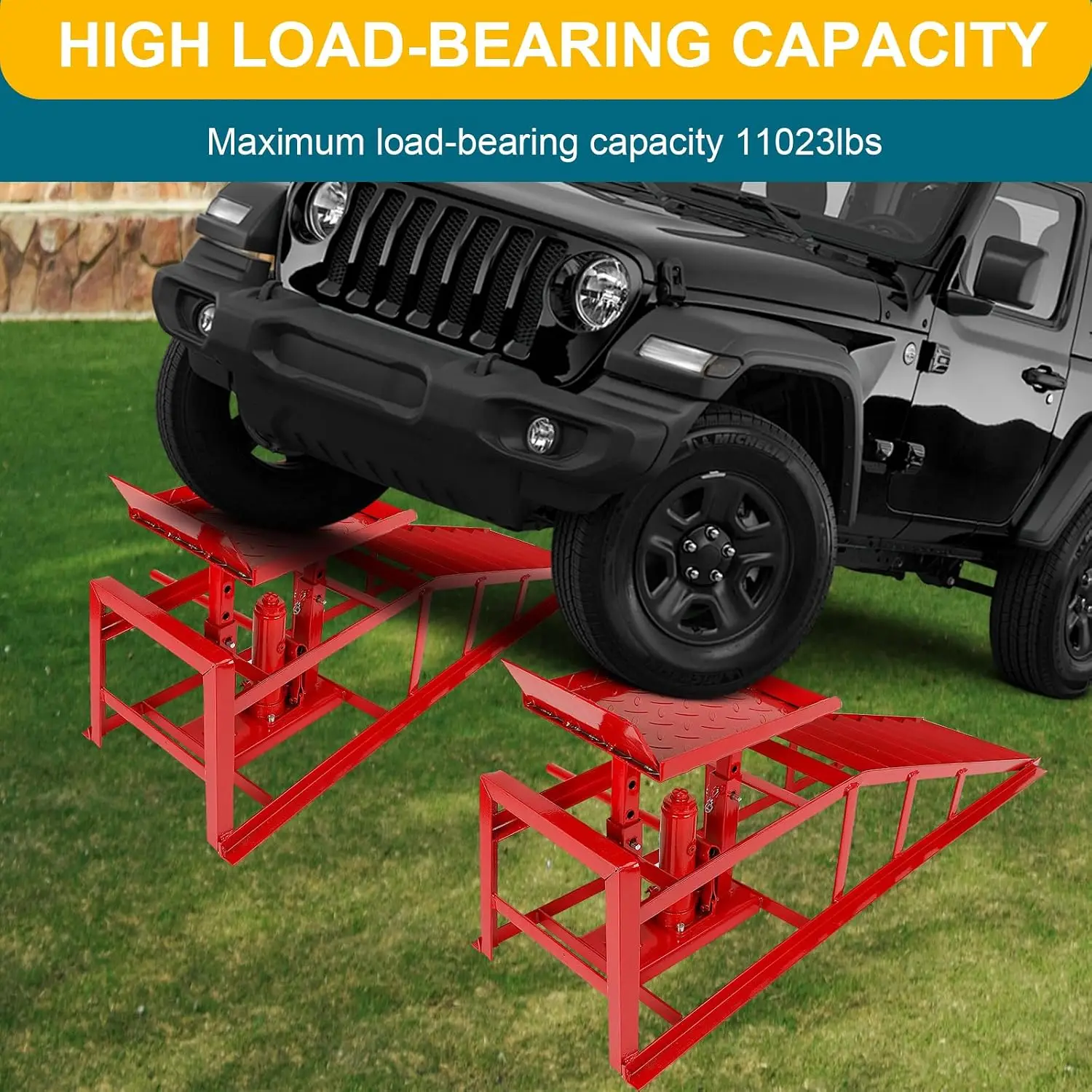 2 Pcs Hydraulic Car Ramps, 5 Ton Heavy Duty Steel Car Lift Ramps with Hydraulic Jack for Oil Changes & Truck Repair, 9