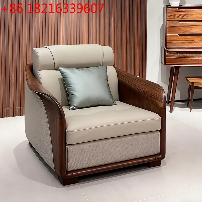 YAO TAO New Chinese-style solid wood single-seat black walnut modern simple light luxury home living room leather sofa