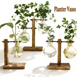 Desktop Glass Light Bulb Vase Creative DIY Retro Flower Pot Wooden Support Hydroponic Plant Flowers Home Desktop Decoration Vase