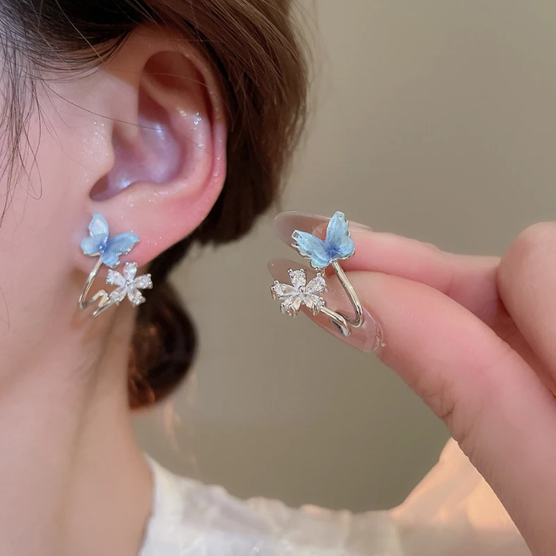 Crystal Flower Blue Fresh Vacation Style Light Luxury High-End Earrings Women Party Trendy Fashion Earring Versatile Exquisite
