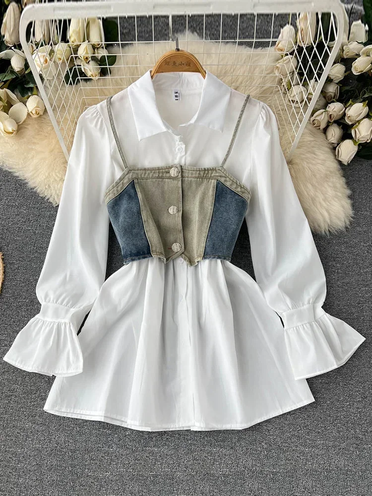 Spring Autumn Cowboy Waistcoat Shirt Dress Female Elegant Flare Sleeve White Shirt Dress Waistcoat Women\'s Two-piece Set GD780