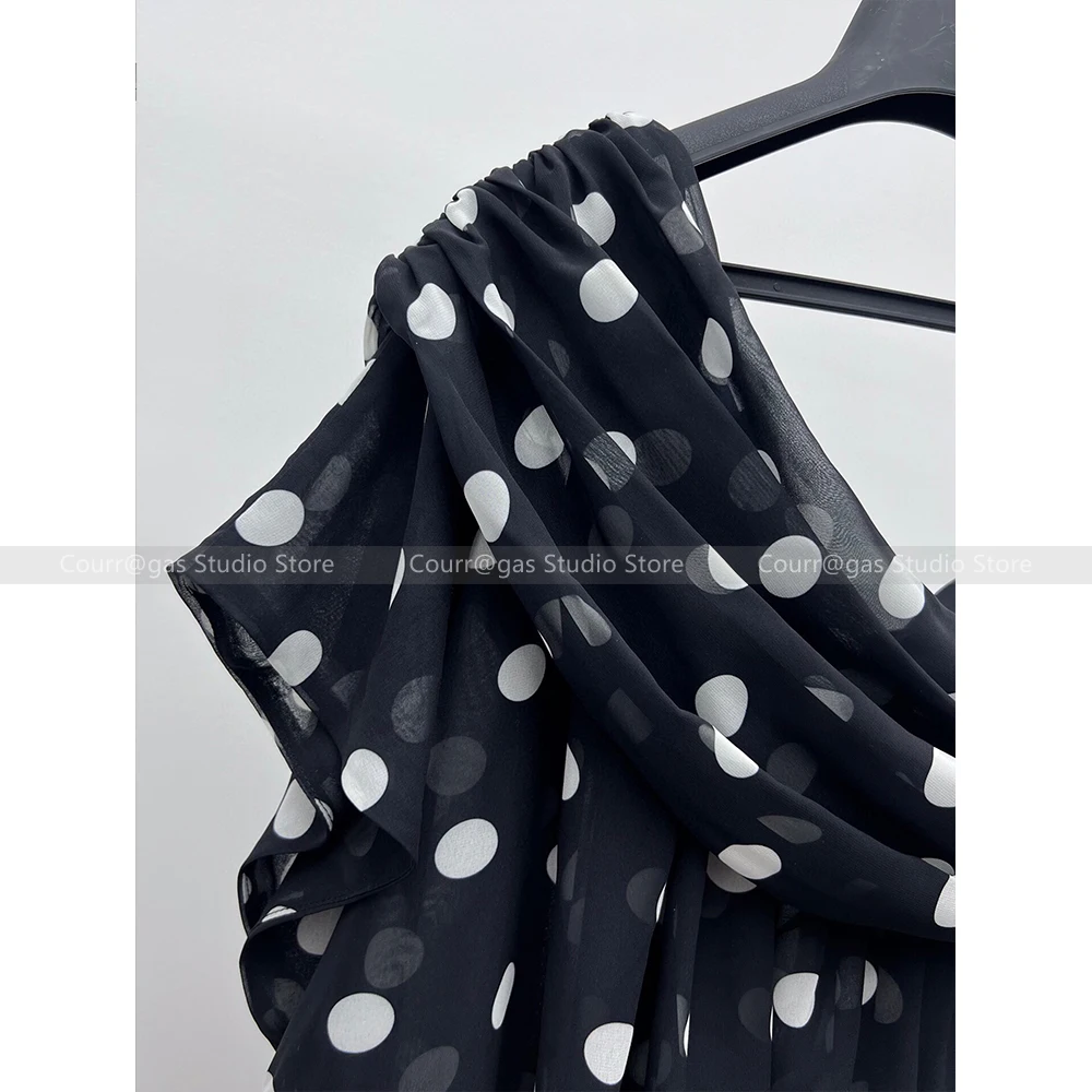 Women\'s Temperament Polka Dot Asymmetric Slant Shoulder Design Top + High Waisted Slim Fit Flared Pants Set