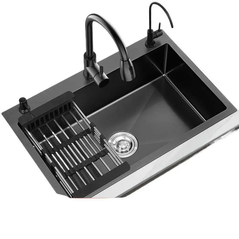 

Кухонная бытовая утолщенная раковина из нержавеющей стали 304, черная нано-большая одинарная раковина, раковина для овощей, ручная работа, черная раковина U
