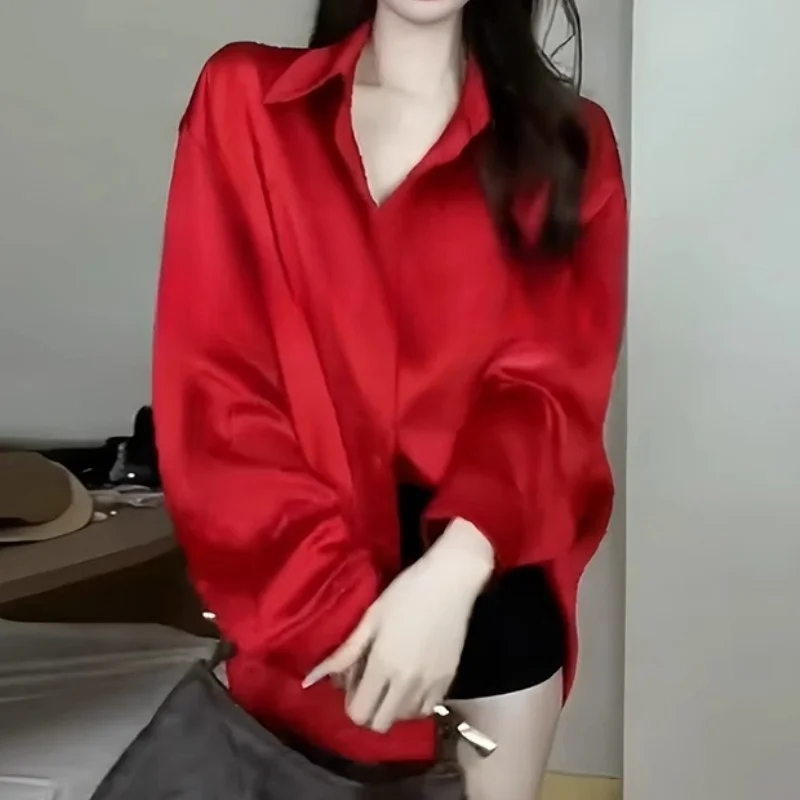 

Koean Fashion Red British Chiffon Blouse Women Spring Summer Long Sleeve Female Thin Shirt High End Single Breasted Tops