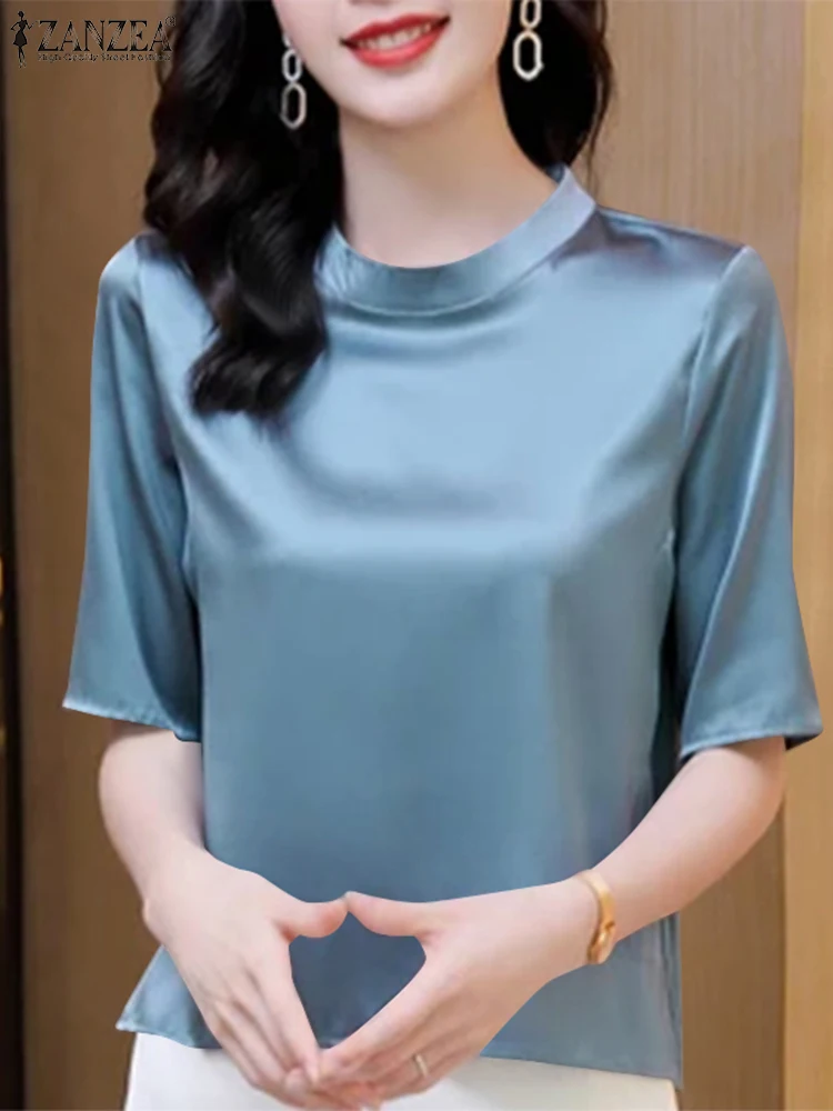 ZANZEA Women Satin Slik Blouse Fashion Stand Collar Tunics 2024 Summer Half Sleeve Solid Tops Vintage Korean Office Lady Blusas