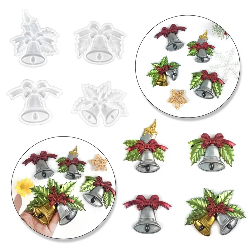 New 4Pcs/Set DIY Christmas Bell Ornament Silicone Moulds Resin Handicraft Casting Molds Handmade Home Decoration Crafts