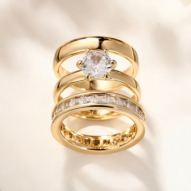 Huitan Attractive 3Pc/Set Rings for Wedding Exquisite Dazzling Women Finger Accessories Fashion Graceful Gentle Party Jewelry