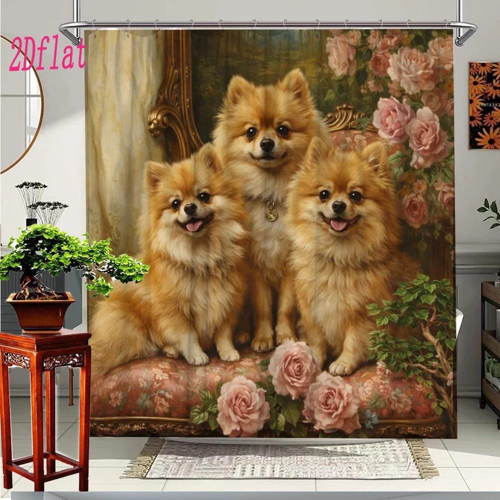 Cute Puppy Portrait Shower Curtain Bathroom Decor Dog Family Art Shower Curtain Shower Curtain Rod Pocket Blackout Curtains