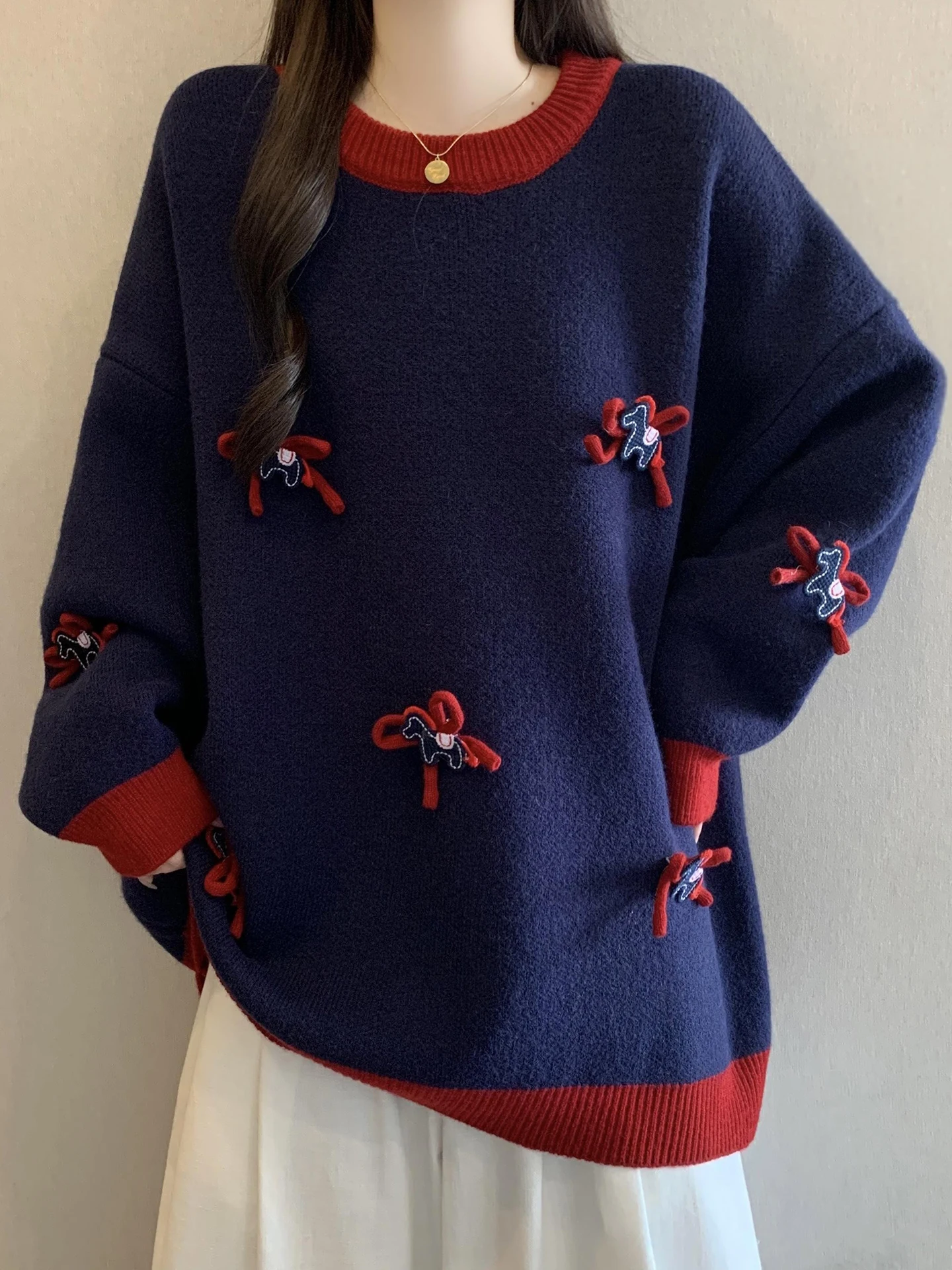 

Свободный женский вязаный свитер с мультяшным дизайном, цветными блоками, зимний топ больших размеров, удобный пуловер с длинными рукавами и круглым вырезом