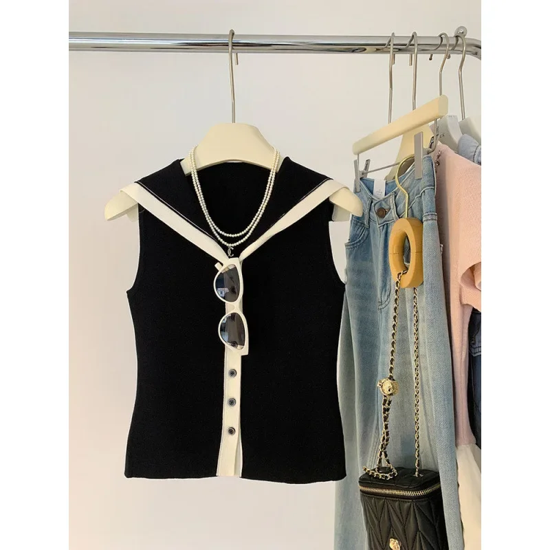 الكورية نمط كتلة اللون البحرية طوق أكمام محبوك سترة المرأة سليم صالح الصيف جديد الحلو والتوابل العصرية الأعلى #4