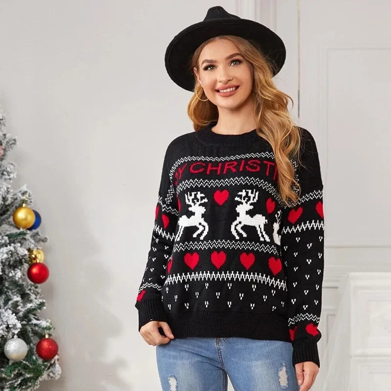 Women Christmas Sweater Reindeer Letter Patterns Crew Neck Pullovers Fall Winter Warm Long Sleeve Jumpers Knitted Tops Clothes