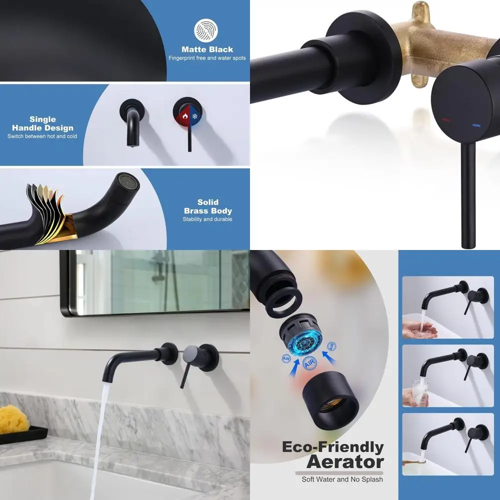 ก๊อกน้ำแบบติดผนังสีดำด้านพร้อมวาล์วแบบฝังสำหรับอ่างล้างหน้าในห้องน้ำ